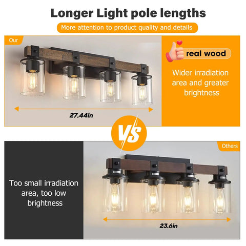 Comparison of two black finish wall sconces, top is Farmhouse Rustic Vanity Light Over Mirror 4 Light Industrial Wall Sconce With Clear Glass Shades Vintage Wood Accents Black Finish For Bathroom Bedroom Living Room Hallway. Top sconce measures 27.44in with clear glass shades, bottom measures 23.6in.