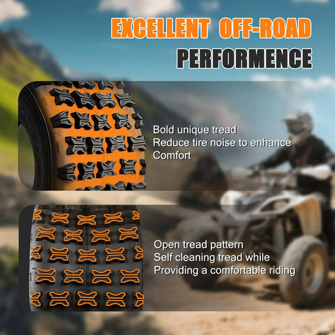 Image showing Two Pack 18x9.5-8 ATV UTV Tires For Turf Mud Sand And Trail Off Road Adventures with bold unique tread design.