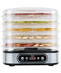 Heavy Duty 5 Tier Food Dehydrator Machine With 48 Hour Delay Timer And Easy Spin Dials showcasing stacked trays of sliced fruits.