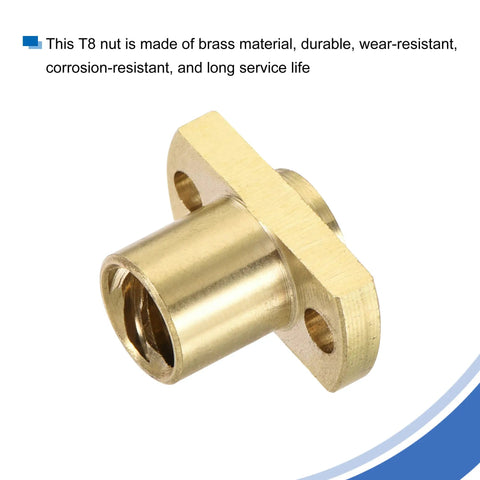 Brass Tone T8 Trapezoidal Nut For 3D Printers, 2mm Pitch And 8mm Lead, side view showing mounting holes and wear-resistant finish