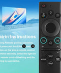 Solar Powered Voice Remote For Smart TVs With Bluetooth Rechargeable Solar Cell Replacement Controller next to TV display.