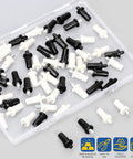 No Sweat 60 Piece Cabinet Door Repair Pins Kit Mixing Black And White Plastic And Iron, assorted repair pins in clear case.