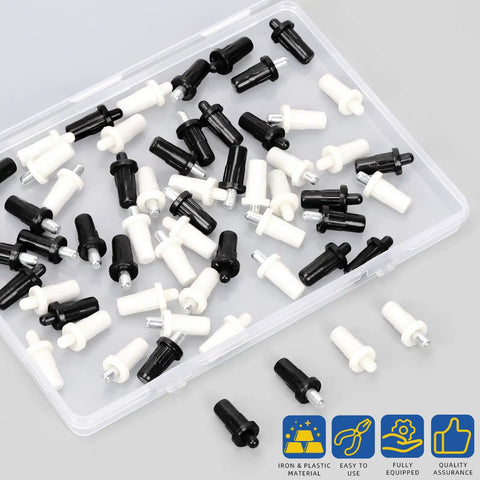 No Sweat 60 Piece Cabinet Door Repair Pins Kit Mixing Black And White Plastic And Iron, assorted repair pins in clear case.