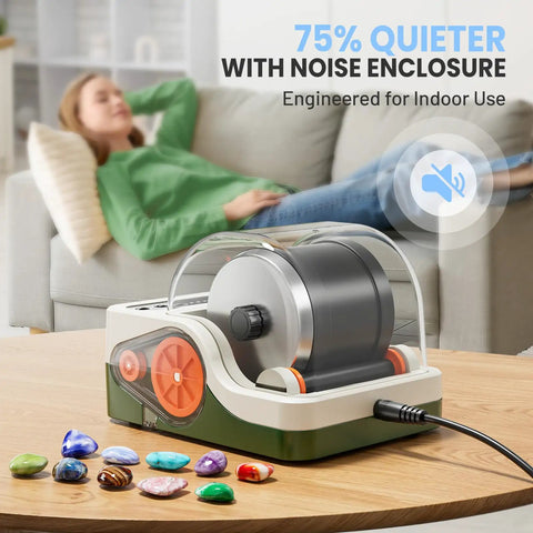 Ultra Quiet Rock Tumbler Kit With Noise Reduction Cover on table, showcasing 3 speed rock polisher for kids and adults, 9 day timer