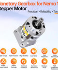 Front view of YEJMKJ planetary gearbox for Nema 17 stepper motor; silver aluminum housing and output shaft.
