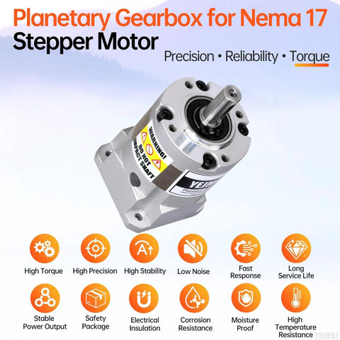 Front view of YEJMKJ planetary gearbox for Nema 17 stepper motor; silver aluminum housing and output shaft.
