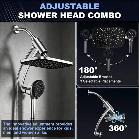 11.8 Inch High Pressure Rain Shower Head Combo with 9 Spray Handheld and Magnetic Dock, adjustable chrome showerhead setup.