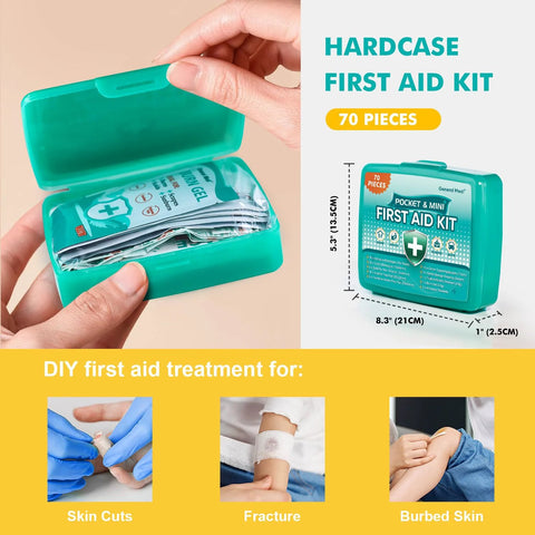 Teal hardcase first aid kit, 70-piece, 6-pack, opened to show stacked medical supplies