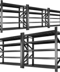 Legit Heavy Duty 4 Tier Steel Shelving Rack 59 By 59 Inches Built To Handle 6400 Pounds For Garage Storage Featuring Adjustable Bays And Reinforced Frames, showcasing multiple black steel shelves.