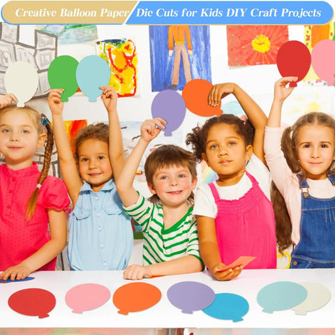 Children displaying 360 Die Cut Paper Balloon Cutouts 3.9 Inch Assorted Colors for classroom decor and crafts