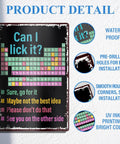 Humorous periodic table metal sign with 'Can I lick it?' phrase, durable for indoor/outdoor classrooms, size 8x12 inches.