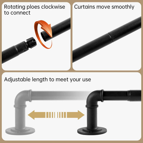 Wraparound Blackout Curtain Rod For Indoor And Outdoor Windows 95 To 150 Inches Adjustable 7/8 Inch Diameter Heavy Duty Aluminum Ends with Steel Poles shown with connecting and adjustable features.