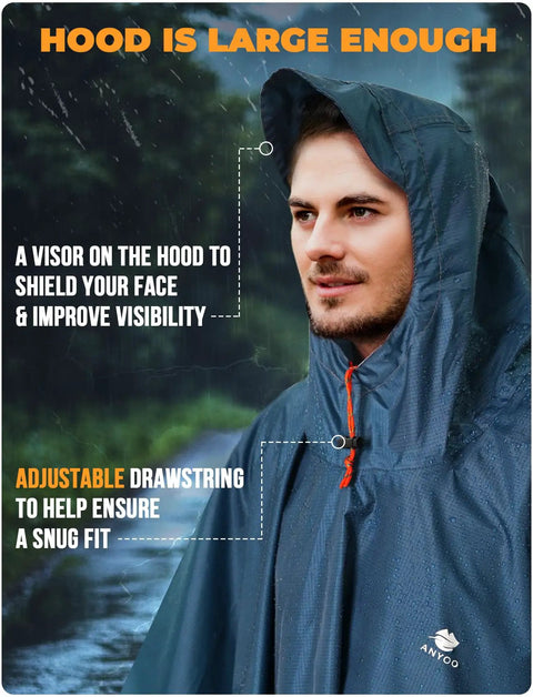 Hooded Rain Poncho For Adults Waterproof Lightweight Rain Jacket For Men And Women Reusable Emergency Camping Gear Sea Blue One Size
