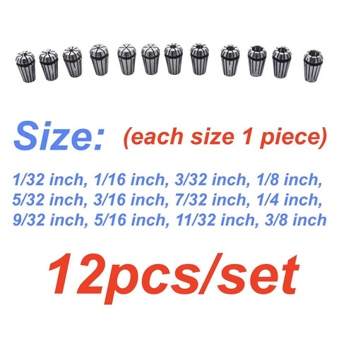 12 Piece ER16 Steel Spring Collet Set For CNC Milling Lathe Tools, 1/32 To 3/8 Inch holding collets, 12 pcs/set