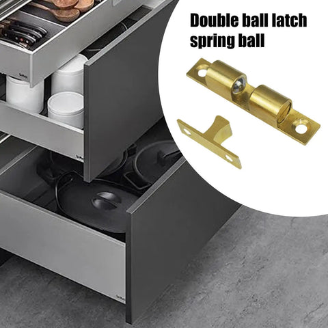 Adjustable Roller Ball Door Catch for Cabinets, Closets, Wardrobes, shown with open drawers and brass finish detail