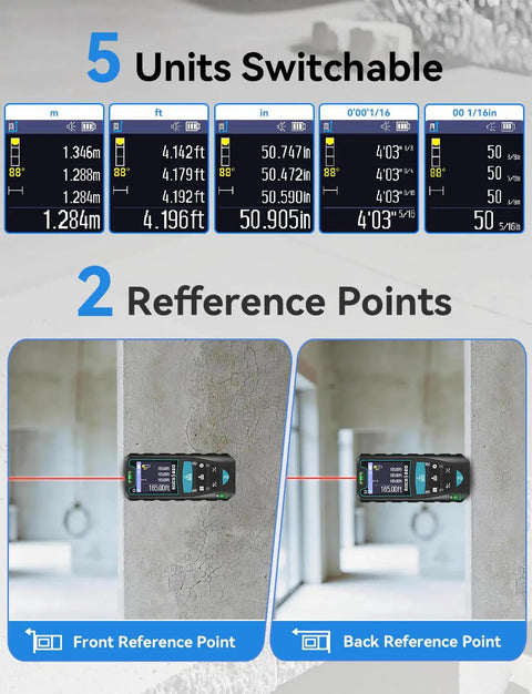 Heavy Duty 165 Ft Laser Measure With Rotatable Hd Ips Screen And Four Way Twist For Sweet Angle Reads Packs 12 Measurement Modes Auto Leveling Stake Layout Tool And Five Unit Swaps For Distance Area And Volume Work Whenever You Are Rolling