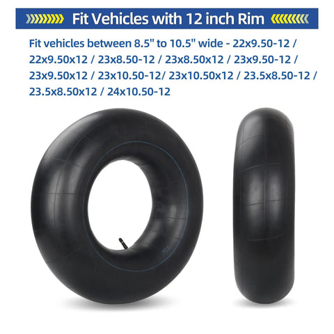 Two Pack 23x8.5-12 23x9.5-12 23x10.5-12 Butyl Inner Tubes With TR13 Valve Stem For Lawn Tractors And Riding Mowers, side and front view