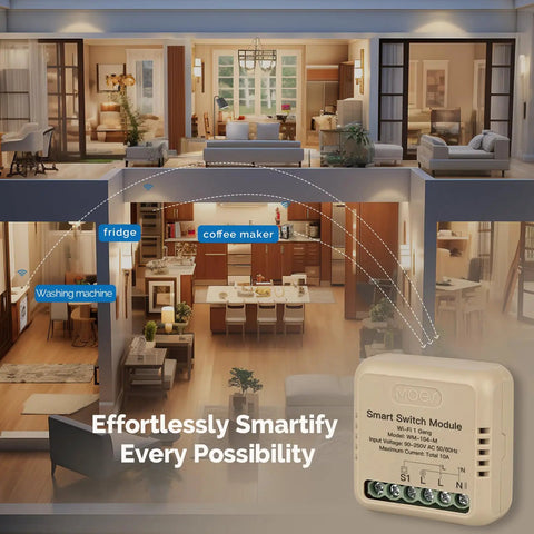 Smart Relay Module 1 Gang 10 Amp No Hub Required 2.4GHz WiFi Works With Google Assistant And Alexa Universal Smart Switch For Lamps Heaters And Appliances 1 Pack, white module in home scene
