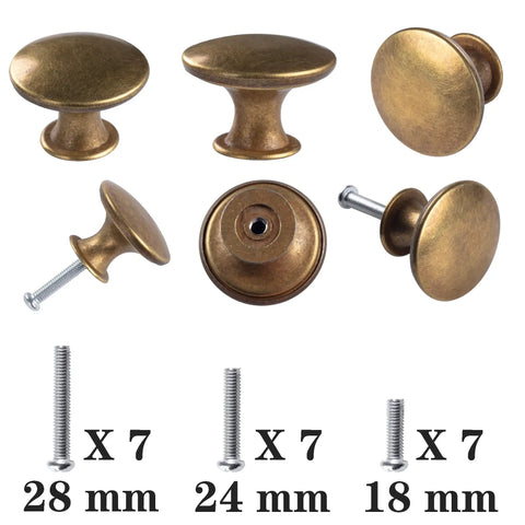 Six Pack Brass Round Antique Brass Cabinet Knobs And Drawer Pulls For Cabinets Cupboard Doors Dressers And Bathrooms Includes Screws Classic Vintage Style showing product dimensions and screws