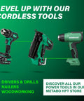 Cordless Metabo HPT power tools featuring a drill, nailer, and heat gun with the text highlighting drivers, drills, and woodworking.