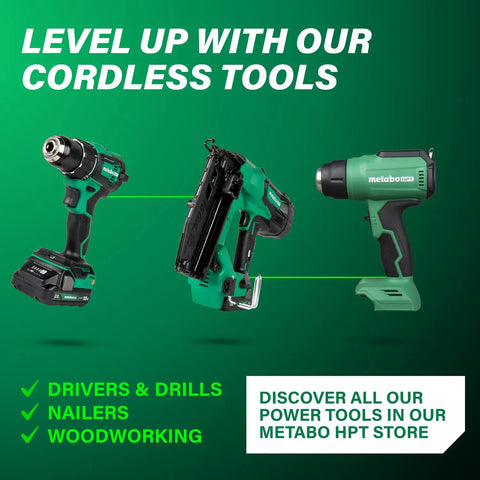 Three Metabo HPT cordless power tools: a drill, a nailer, and a heat gun against a green background with promotional text.
