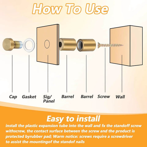 8 Sets Stainless Steel Standoff Screws Kit With 8 Bracket Bodies illustration showing installation steps for hanging frames.