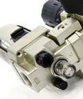 Close-up of All In One 1/4 Inch NPT FRL Compressed Air Filter Regulator Lubricator Three Units Combo with metal components