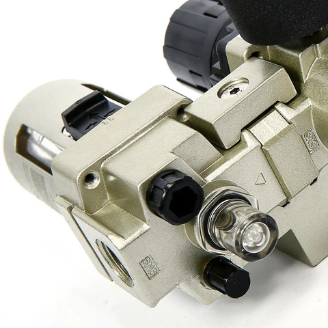Close-up of All In One 1/4 Inch NPT FRL Compressed Air Filter Regulator Lubricator Three Units Combo with metal components