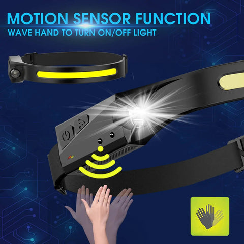 Rechargeable Waterproof Headlamp Set With 230 Degree Wide Beam showing motion sensor function with hands activating light.