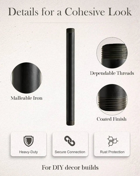10 Pack 1 Inch By 12 Inch Black Malleable Iron Pipe Nipples With Threaded Ends for DIY Steampunk Industrial Decor Projects