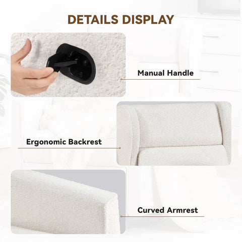 Details of Comfy Teddy Upholstered Nursery Rocking Chair With Swivel Rocker Recliner And Manual Glider For Living Room Bedroom Or Office Beige Fabric Soft Plush Comfort showing manual handle, ergonomic backrest, and curved armrest