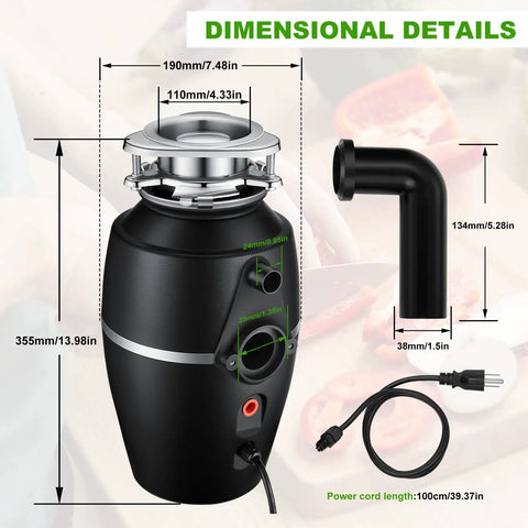 3/4 HP Quiet Garbage Disposal For Home Kitchens, Continuous Feed Food Waste Disposer With Power Cord Included And Dishwasher Connector