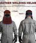 Front and back view of welding helmet mask with flip open lens leather welding hood and protective gear for face neck and head