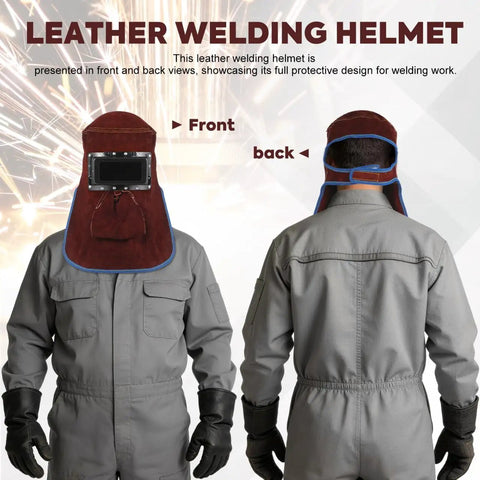 Front and back view of welding helmet mask with flip open lens leather welding hood and protective gear for face neck and head