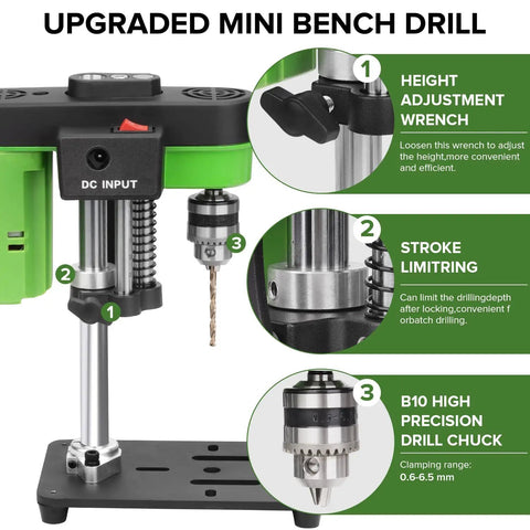Mini Bench Drill Press For DIY Jewelry Making And Metal Wood Craft, Compact Benchtop Drill With Two Power Modes Cordless Or Corded