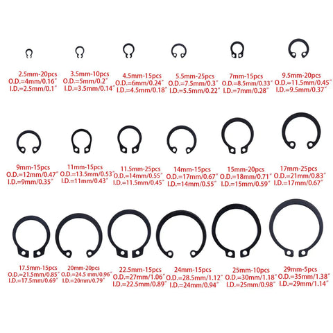 E Clip Assortment Kit 304 Stainless Steel 300 Pieces External Retaining Rings And C Clips For Automotive Machinery And DIY Projects Built To Last With Heat Treated Anti Corrosion Fasteners sizes and quantities displayed