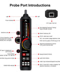 Rechargeable Network Cable Tester With Tone Generator And Probe All In One 4 Inch IPS Touchscreen Built In DMM Optical Power Meter VFL PoE Test And Continuity Checker LT 600M with labeled probe ports and indicators.