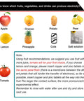 Fruit Battery Science Kit With Electronic Clock And RGB LED For DIY Home Lab And School Projects Power A Clock Or Lights With Citrus Or Veggie Batteries And Learn Electricity image showing fruits and drinks capable of producing electricity, like apple, orange, and tomato.