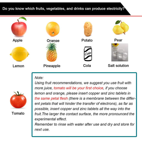 Fruit Battery Science Kit With Electronic Clock And RGB LED For DIY Home Lab And School Projects Power A Clock Or Lights With Citrus Or Veggie Batteries And Learn Electricity image showing fruits and drinks capable of producing electricity, like apple, orange, and tomato.