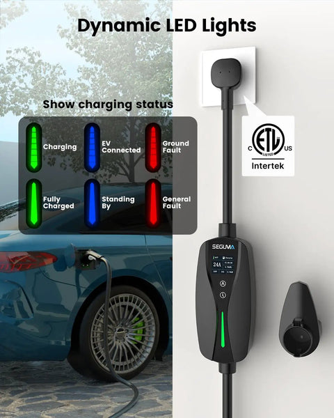 Premium Wall Mounted Level 2 EV Charger 24 Amp 240 Volt With Nema 10-30 Plug Plug And Play, showing LED status indicators.