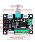 Stepper motor controller board, front view: black PCB with green terminal block, blue slide switches, and frequency adjustment knob