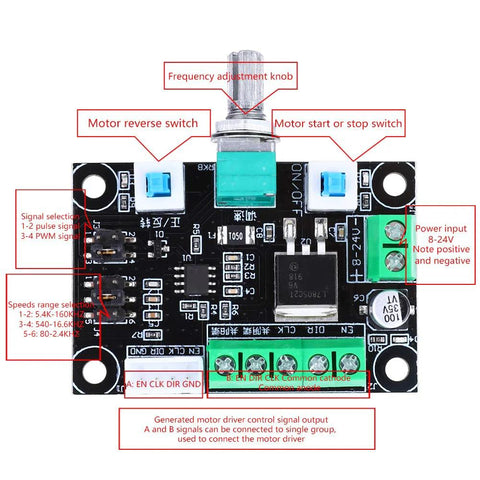 Stepper motor controller board, front view: black PCB with green terminal block, blue slide switches, and frequency adjustment knob
