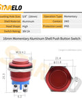 Technical diagram of 16mm 5/8 Inch Momentary Push Button Switch 1NO SPST Waterproof Aluminum Shell Red Self Reset Push To Start