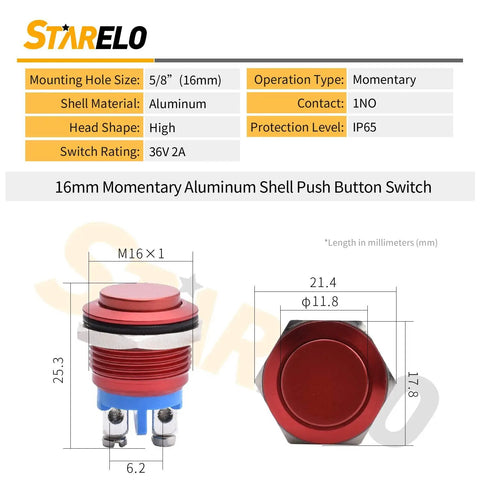 Technical diagram of 16mm 5/8 Inch Momentary Push Button Switch 1NO SPST Waterproof Aluminum Shell Red Self Reset Push To Start