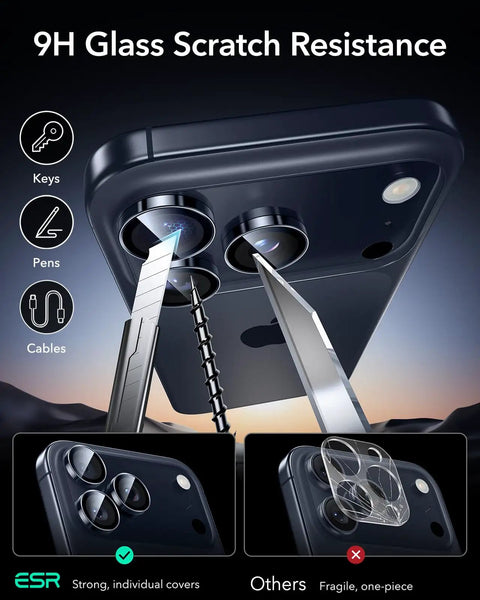 Ultra Tough HD Lens Protector For iPhone 17 Pro Max 17 Pro 16 Pro Max 16 Pro 15 Pro Max 15 Pro 14 Pro Max 14 Pro Ultra Thin Tempered Glass demonstrating scratch resistance with keys and pens