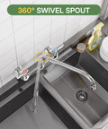 CENOSA Wall Mount Faucet 8" Center, Commercial Sink Faucet with 14" Spout featuring 360° swivel spout over stainless steel sink.