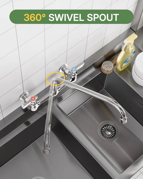 CENOSA Wall Mount Faucet 8" Center, Commercial Sink Faucet with 14" Spout featuring 360° swivel spout over stainless steel sink.