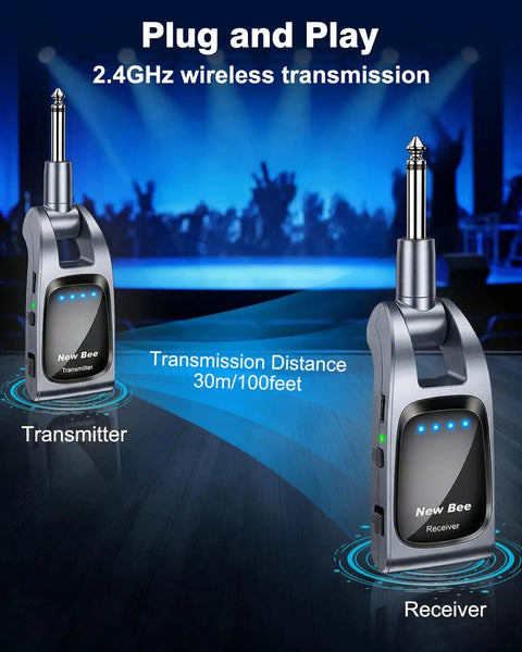 2.4GHz Wireless Guitar System With 6 Channels and Rechargeable Transmitter Receiver in gunmetal, shown on stage.