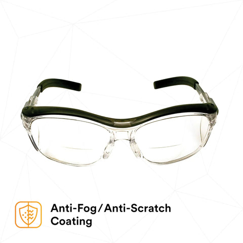 Safety Glasses With Built In Readers Plus 2.0 Diopter For Reading And Eye Protection ANSI Z87 Clear Lens Gray Frame Front View