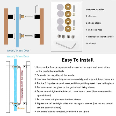 Installation diagram for Double Sided H Shape Push Pull Bar Handle For Barn Doors And Sliding Doors with screws and wrench